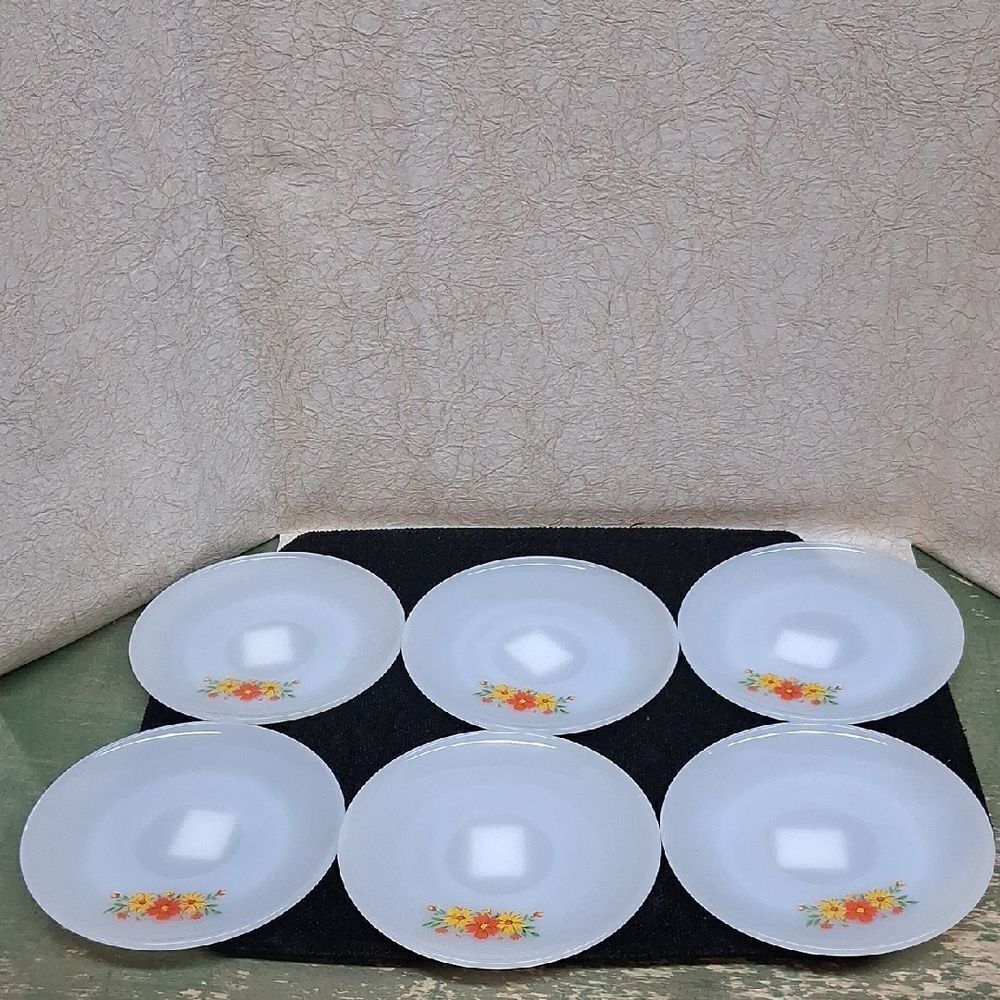 Fire King Saucer Milk Glass Cosmos Orange Yellow Daisy Pattern